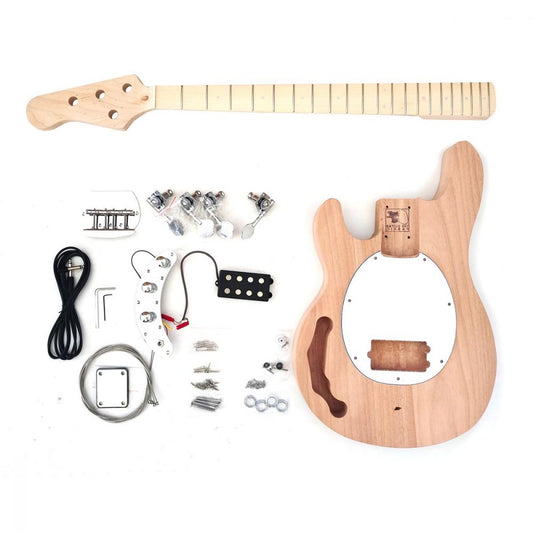 Left-handed MM bass kit components showing unfinished maple neck, mahogany body, hardware, electronics, and wiring