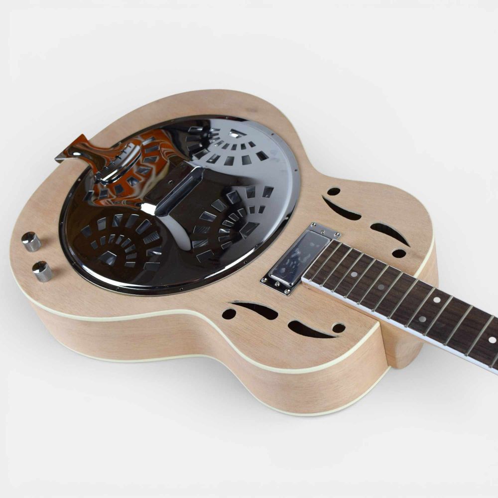 Ashbury Resonator angled view with decorative resonator cone and installed pickup on mahogany body and neck
