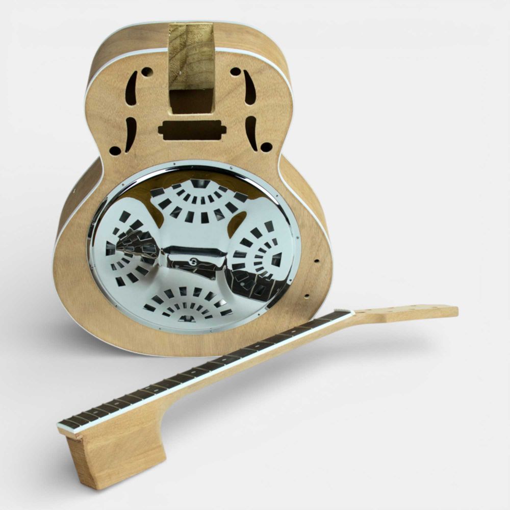 Ashbury Resonator front view with resonator cone visible, paired with assembled mahogany neck showing fingerboard