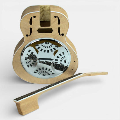 Ashbury Resonator front view with resonator cone visible, paired with assembled mahogany neck showing fingerboard