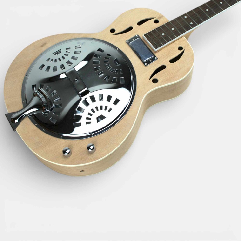 Ashbury Resonator three-quarter view showing metal cone resonator and dark fingerboard with installed pickup
