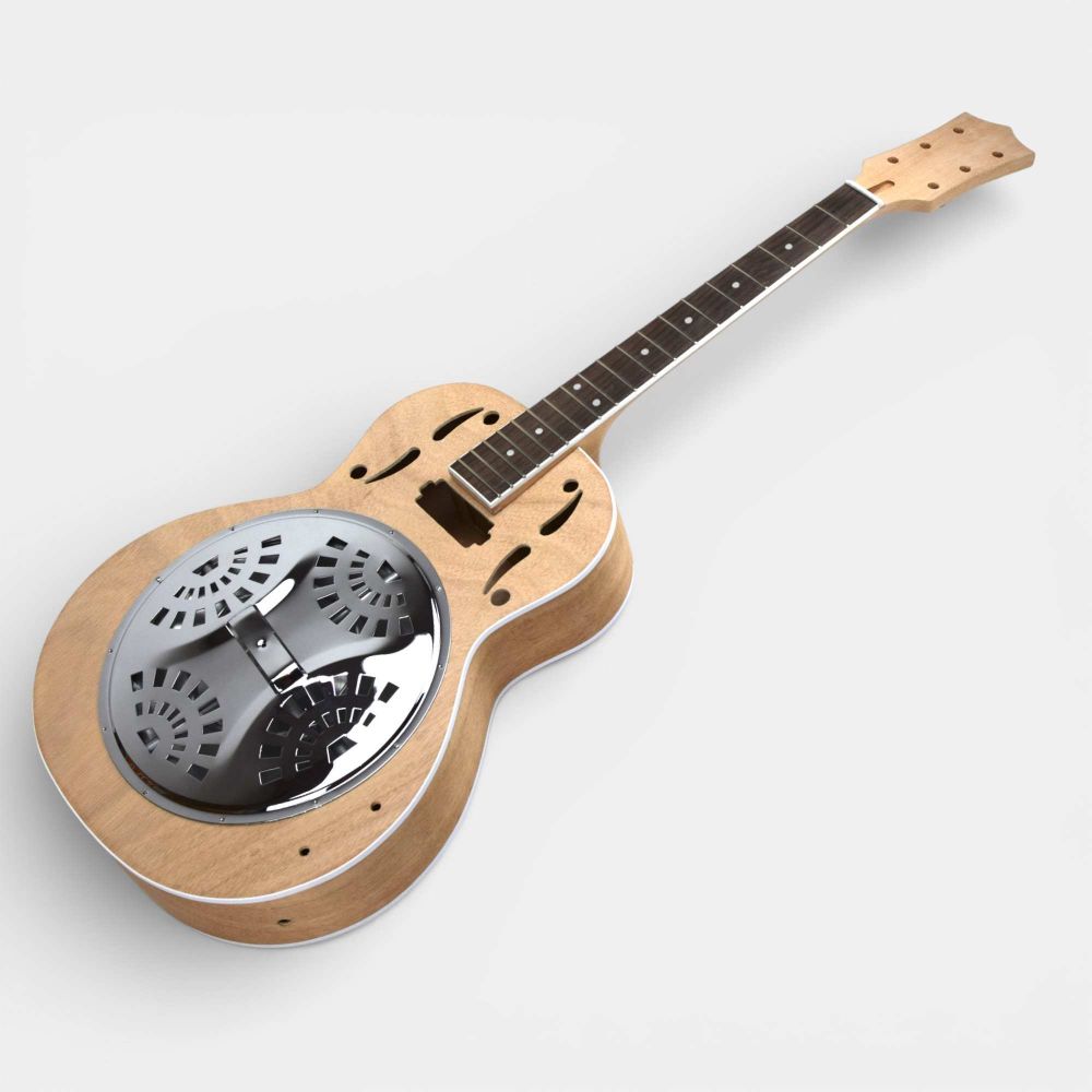 Ashbury Resonator full-length angled view displaying complete mahogany body, neck and metal resonator cone