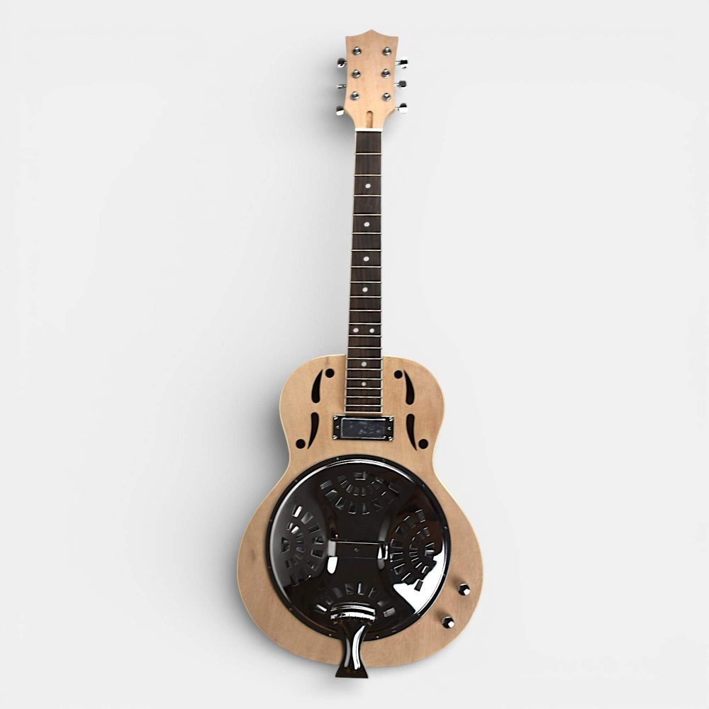 Ashbury Resonator front elevation, fully assembled mahogany resonator showing metal cone and installed electronics