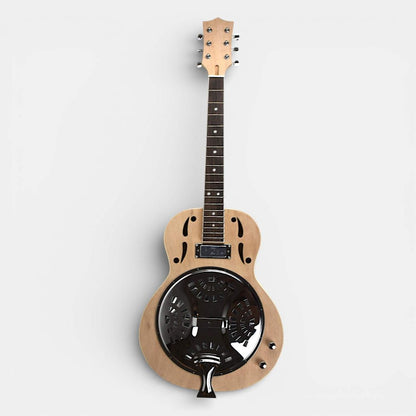 Ashbury Resonator front elevation, fully assembled mahogany resonator showing metal cone and installed electronics