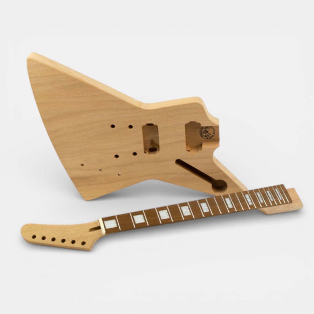 Mahogany body and neck assembly for DIY Electric Guitar Kit EXP shown at angle