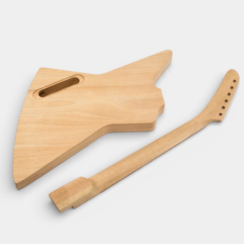 Mahogany body and neck pieces of DIY Electric Guitar Kit EXP displayed separately