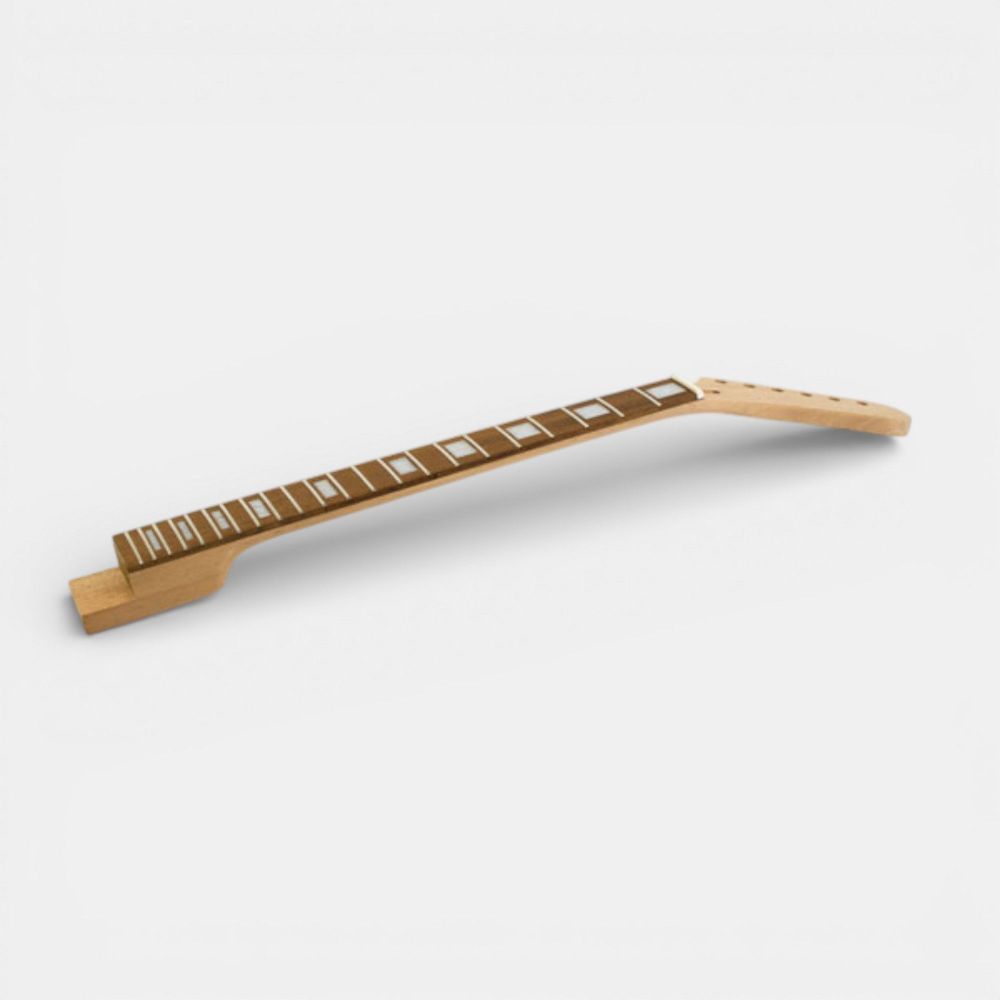 Mahogany neck with frets and inlays shown from side profile view