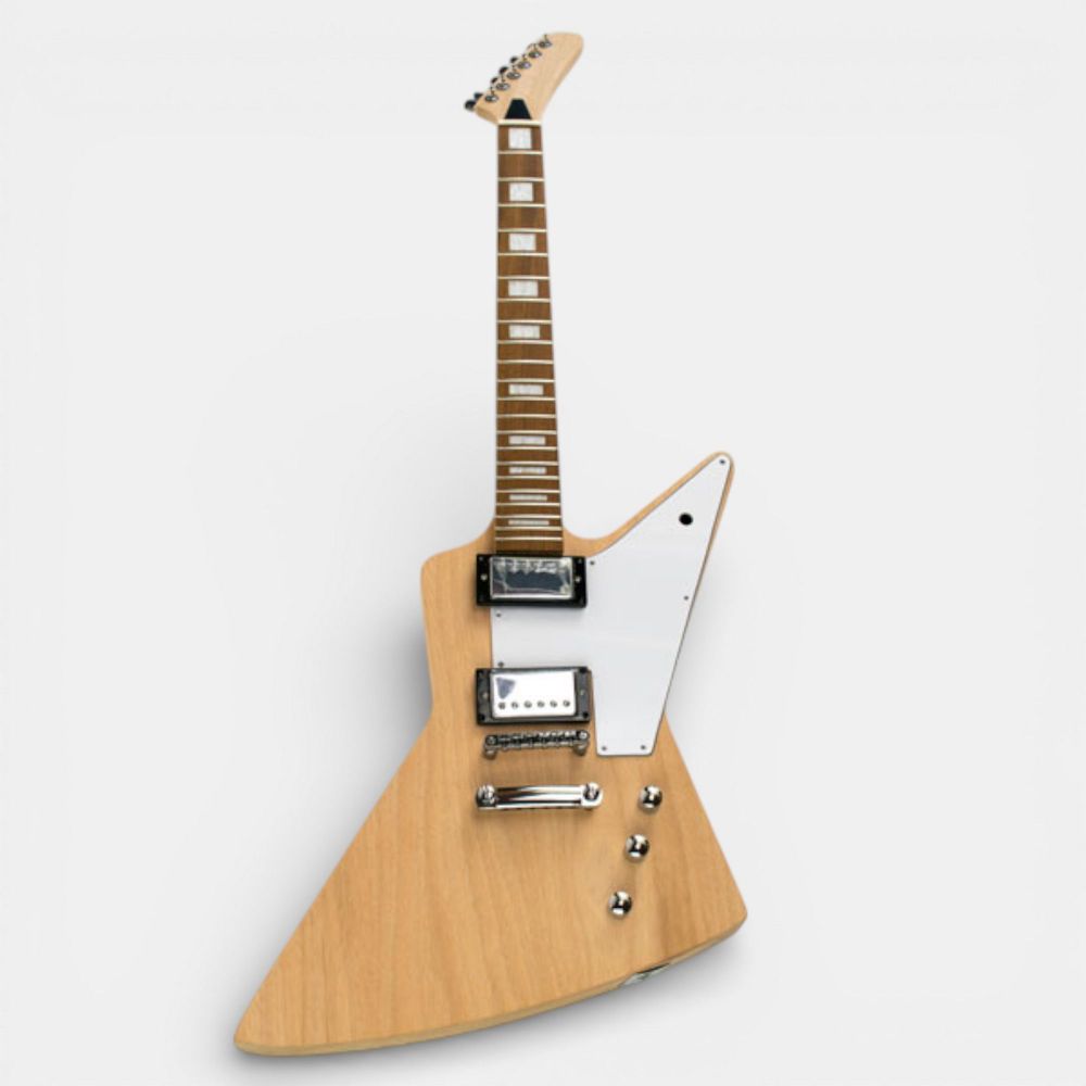 Front angled view of completed DIY Electric Guitar Kit EXP with chrome hardware