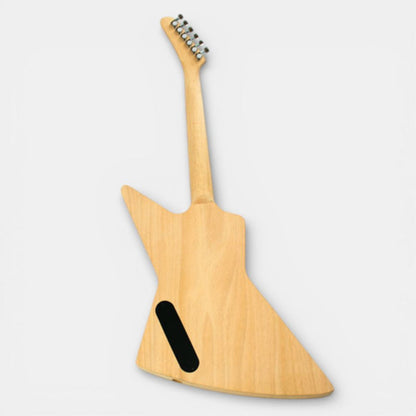 Rear view of assembled mahogany EXP guitar showing back of body and neck