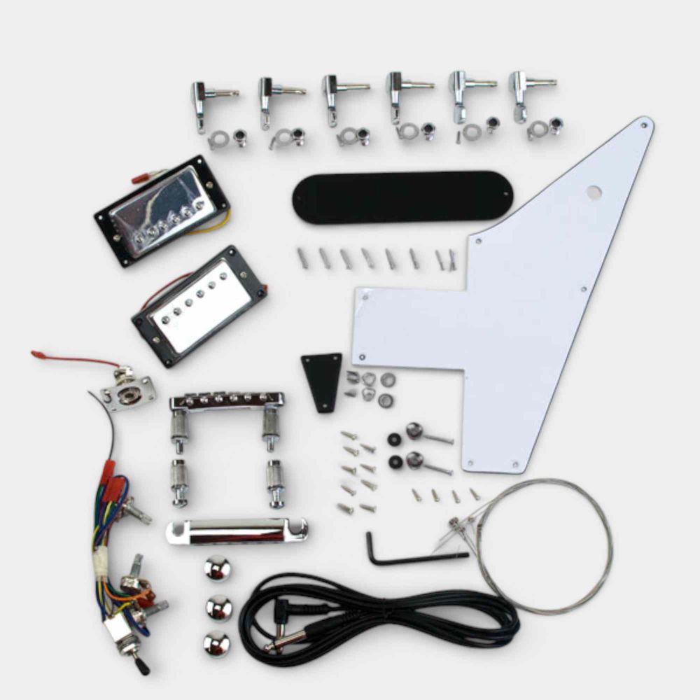 Hardware and electronics components including pickups, bridge, tuners, and wiring for EXP kit