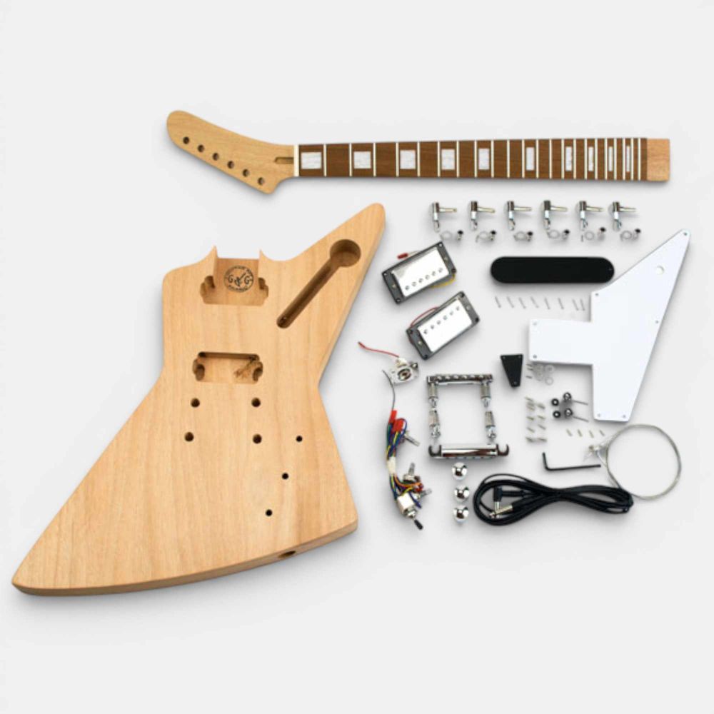 DIY Electric Guitar Kit EXP with solid mahogany body, mahogany neck with rosewood fretboard, and all components in chrome laid out flat