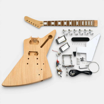 DIY Electric Guitar Kit EXP with solid mahogany body, mahogany neck with rosewood fretboard, and all components in chrome laid out flat
