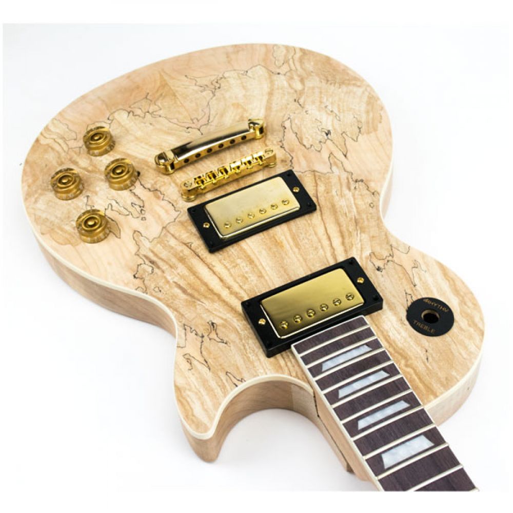 Spalted maple top close-up with gold humbuckers, gold tune-o-matic bridge and gold knobs fitted
