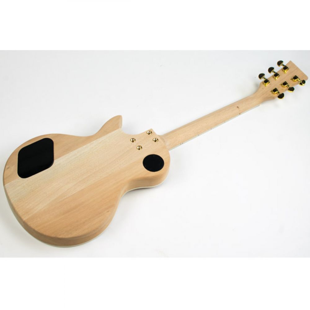 Rear view of the assembled kit showing the mahogany back, black cover plates and gold tuners