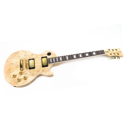 Assembled spalted maple top guitar from the kit with gold humbuckers and gold tuners, shown before finishing