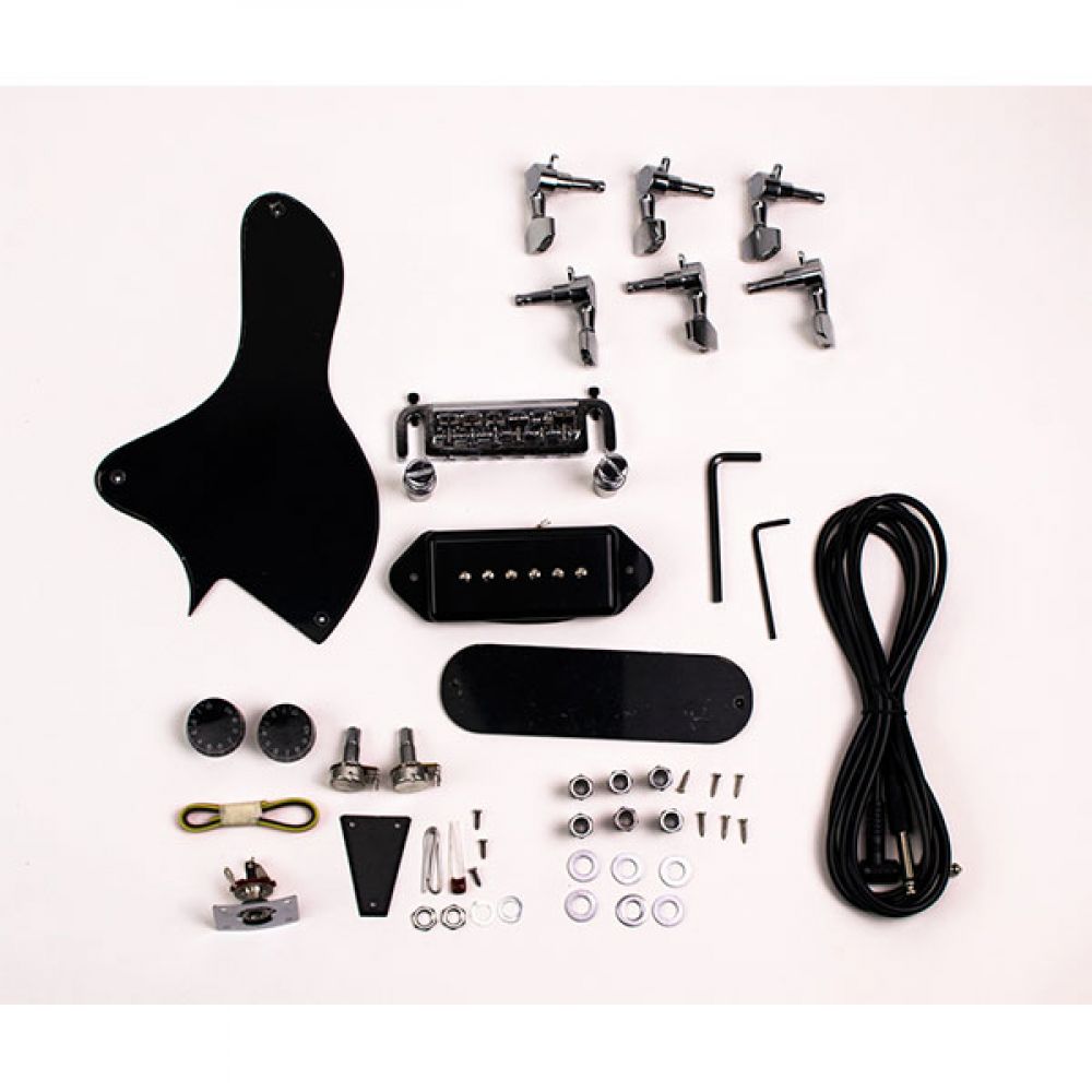 Close-up of chrome tuning machines, bridge, pickguard, pickups, and wiring harness for Single Cut Junior kit
