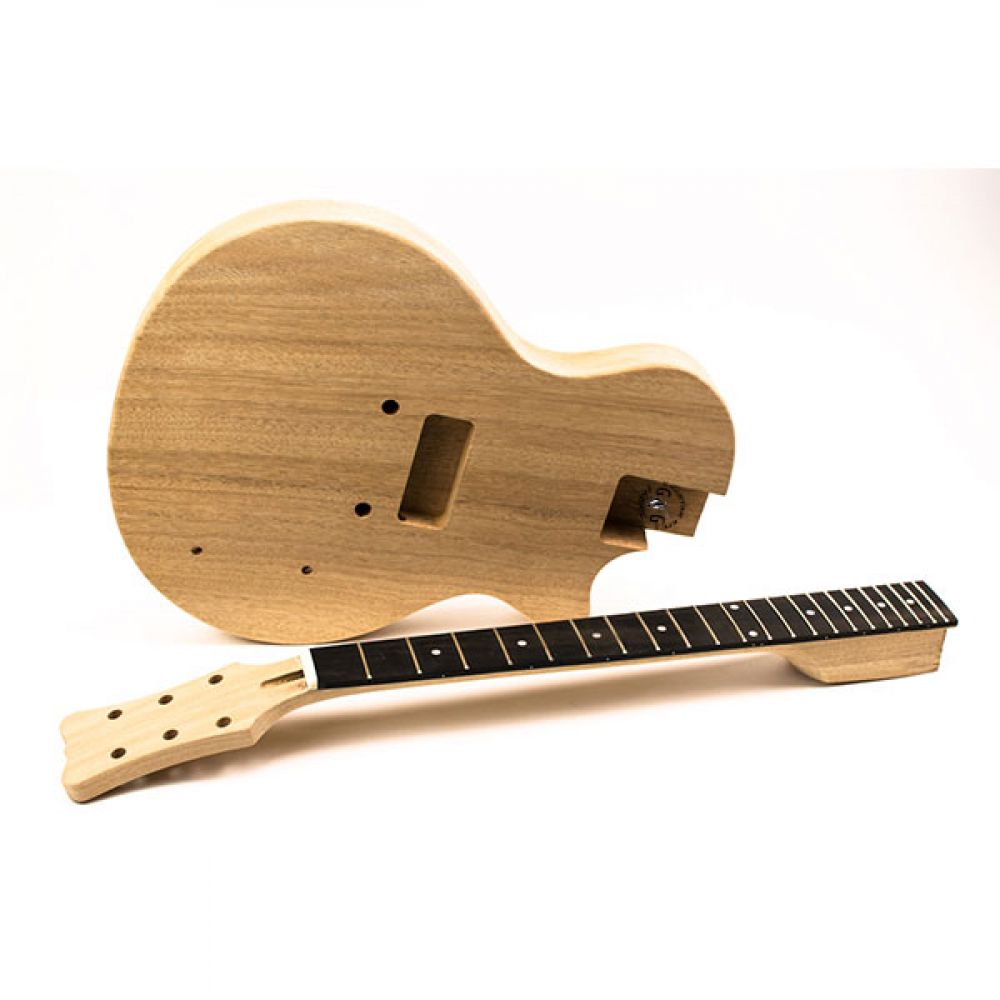 Mahogany body and neck components of Single Cut Junior guitar kit displayed at three-quarter angle