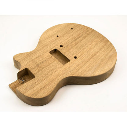 Unfinished mahogany body of Single Cut Junior kit shown from rear three-quarter view with contoured edges