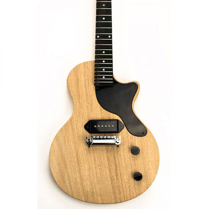 Assembled Single Cut Junior guitar kit front view showing black pickguard, chrome bridge, and mahogany finish