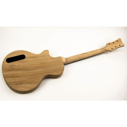 Rear three-quarter view of completed Single Cut Junior guitar displaying mahogany body and neck construction