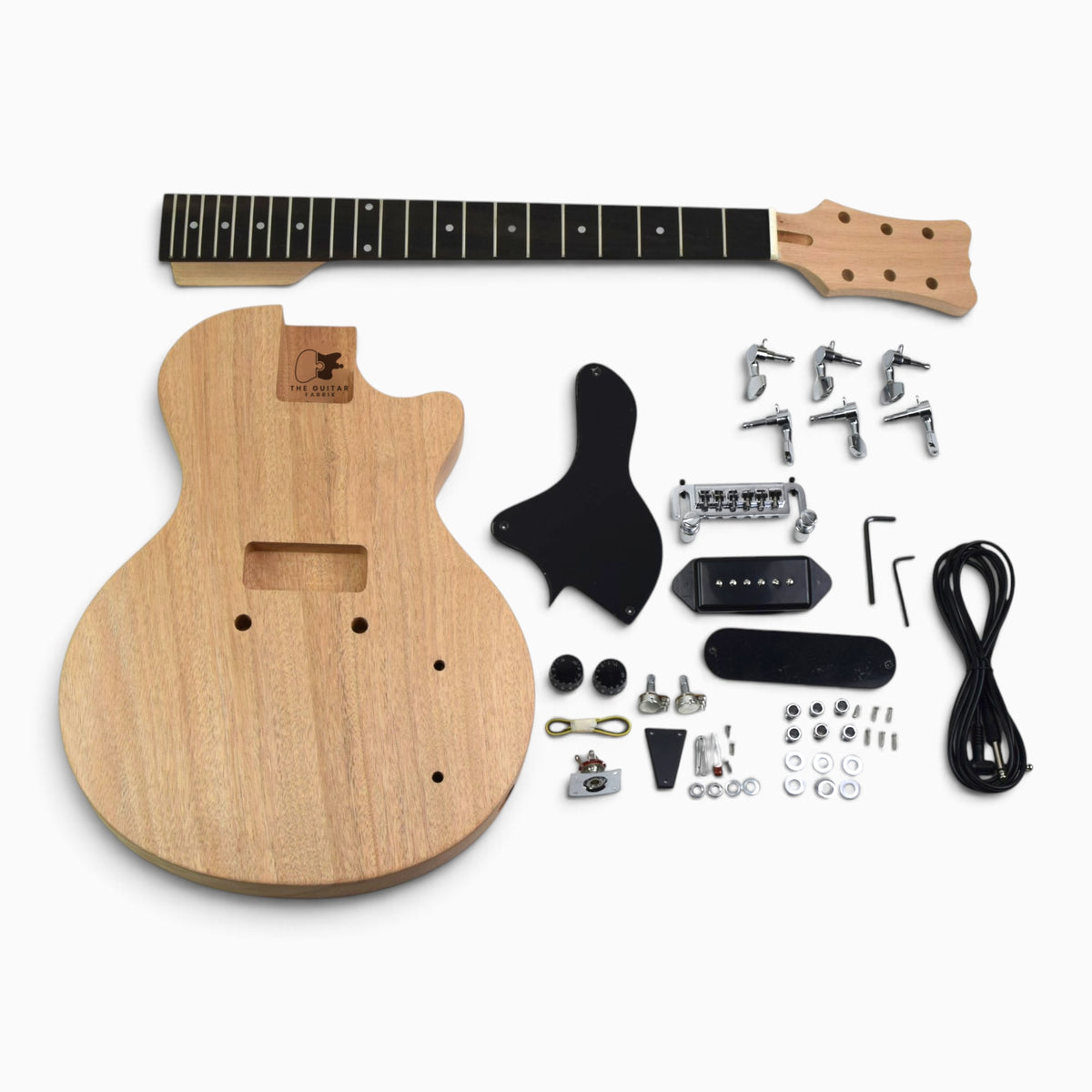 DIY Electric Guitar Kit Single Cut Junior mahogany body and neck with all chrome hardware and electronics laid out flat
