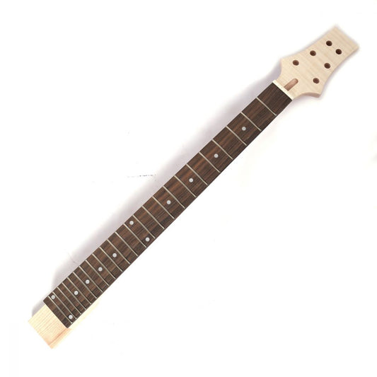 PRS guitar neck in maple and rosewood showing headstock, fretboard with white dot inlays, and heel from front angle