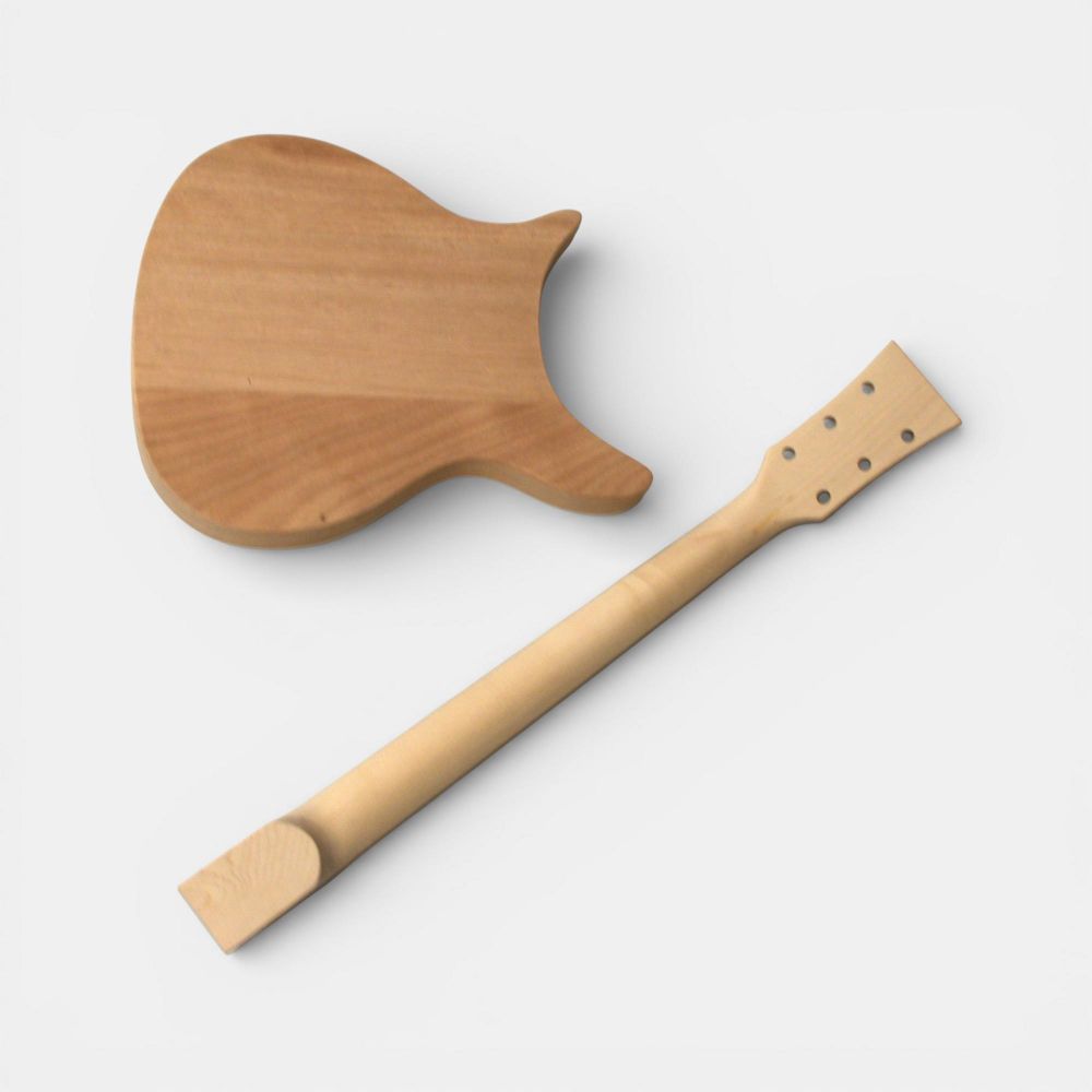 Mahogany body rear view and unfinished neck with rosewood fretboard and headstock.