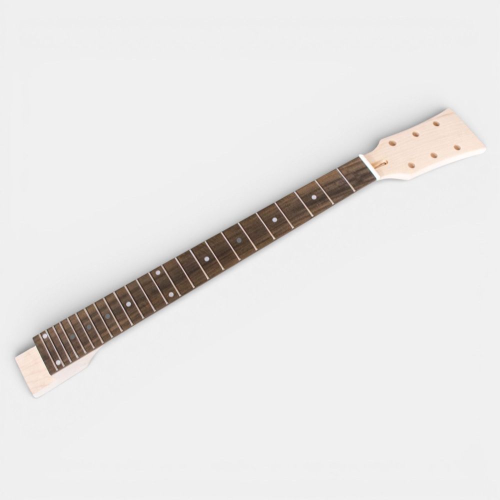 Rosewood fretboard and headstock with mother-of-pearl dot inlays, angled side view.