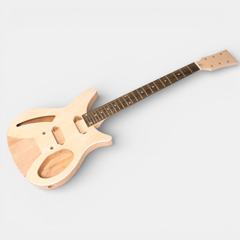 Unfinished semi-hollow guitar body with attached rosewood neck at three-quarter angle.
