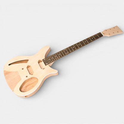 Unfinished semi-hollow guitar body with attached rosewood neck at three-quarter angle.