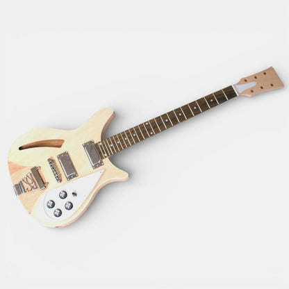 Completed guitar with dark finish, chrome hardware, and Rickenbacker-style tailpiece installed.