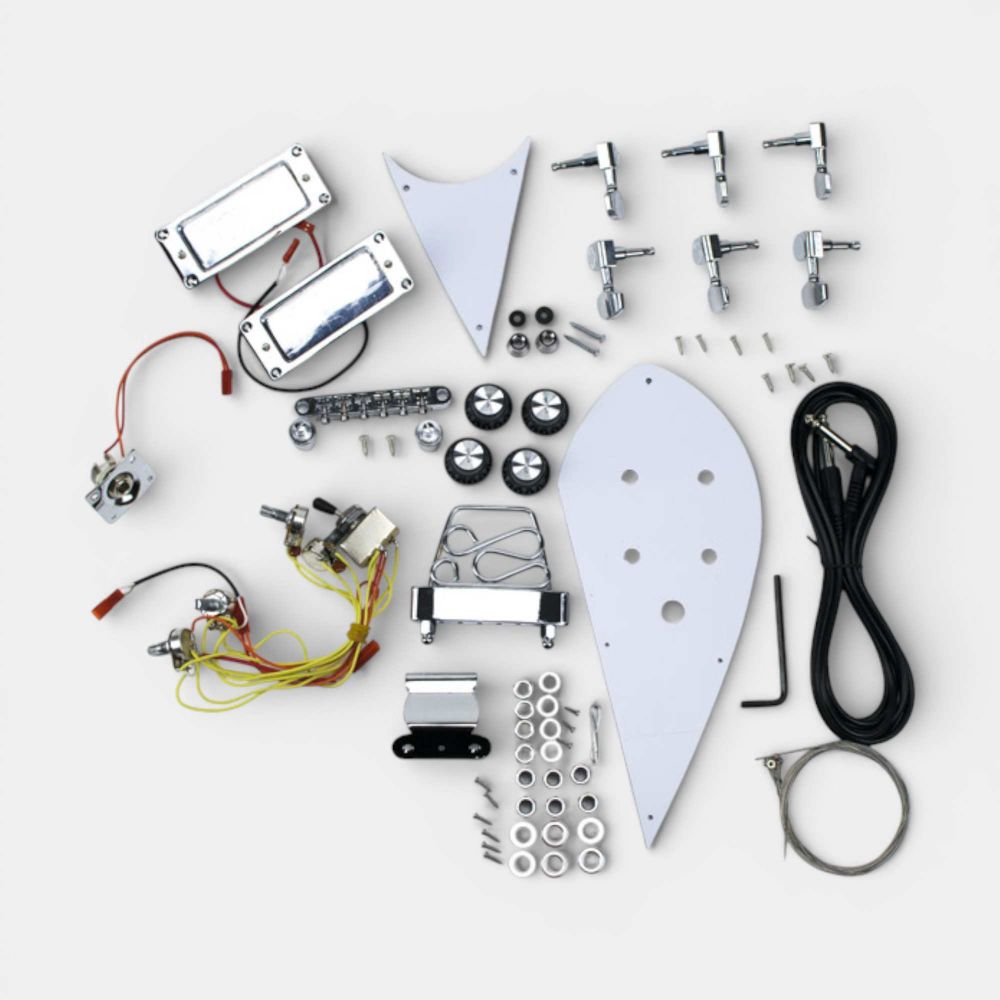 Complete wiring and hardware components including pickups, potentiometers, tuners, and bridge.