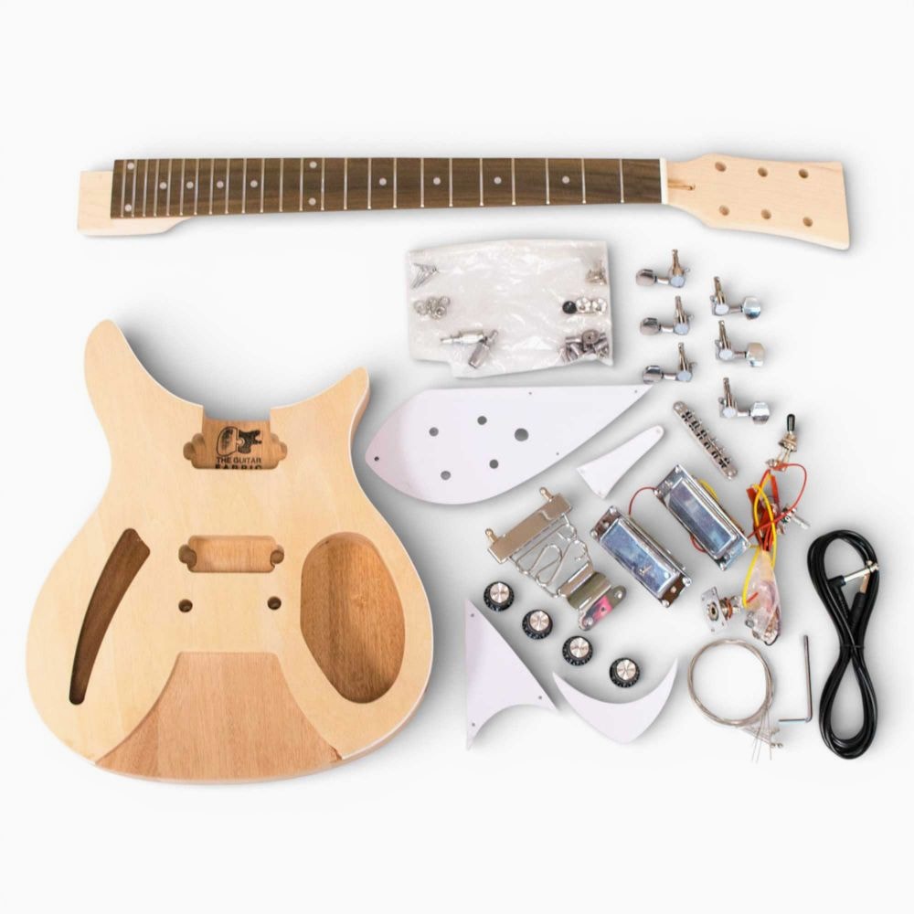 DIY Electric Guitar Kit RK Tailpiece with semi-hollow mahogany body, maple neck with rosewood fretboard, and all hardware components displayed flat.
