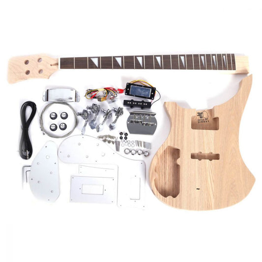 Left-Handed Bass Kit RK components laid flat, including ash body, neck, electronics, pickguard, hardware, and wiring