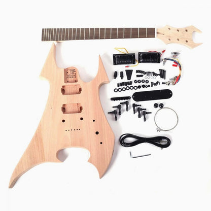 DIY Electric Guitar Kit SOB flat-lay with mahogany body, rosewood neck, and black hardware components organized separately