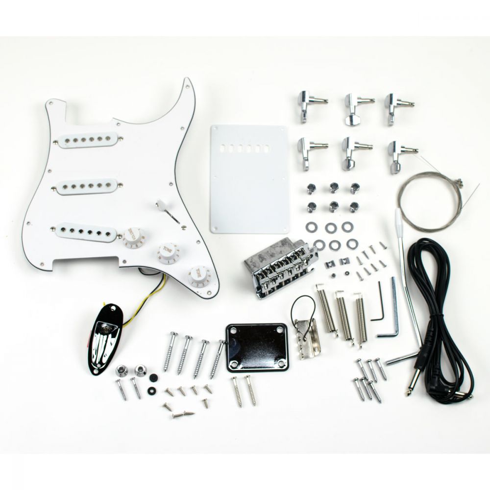 White pickguard with three single-coil pickups and chrome bridge parts arranged with solderless wiring hardware.