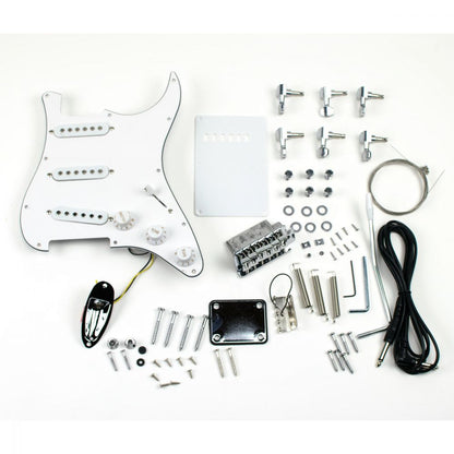 White pickguard with three single-coil pickups and chrome bridge parts arranged with solderless wiring hardware.