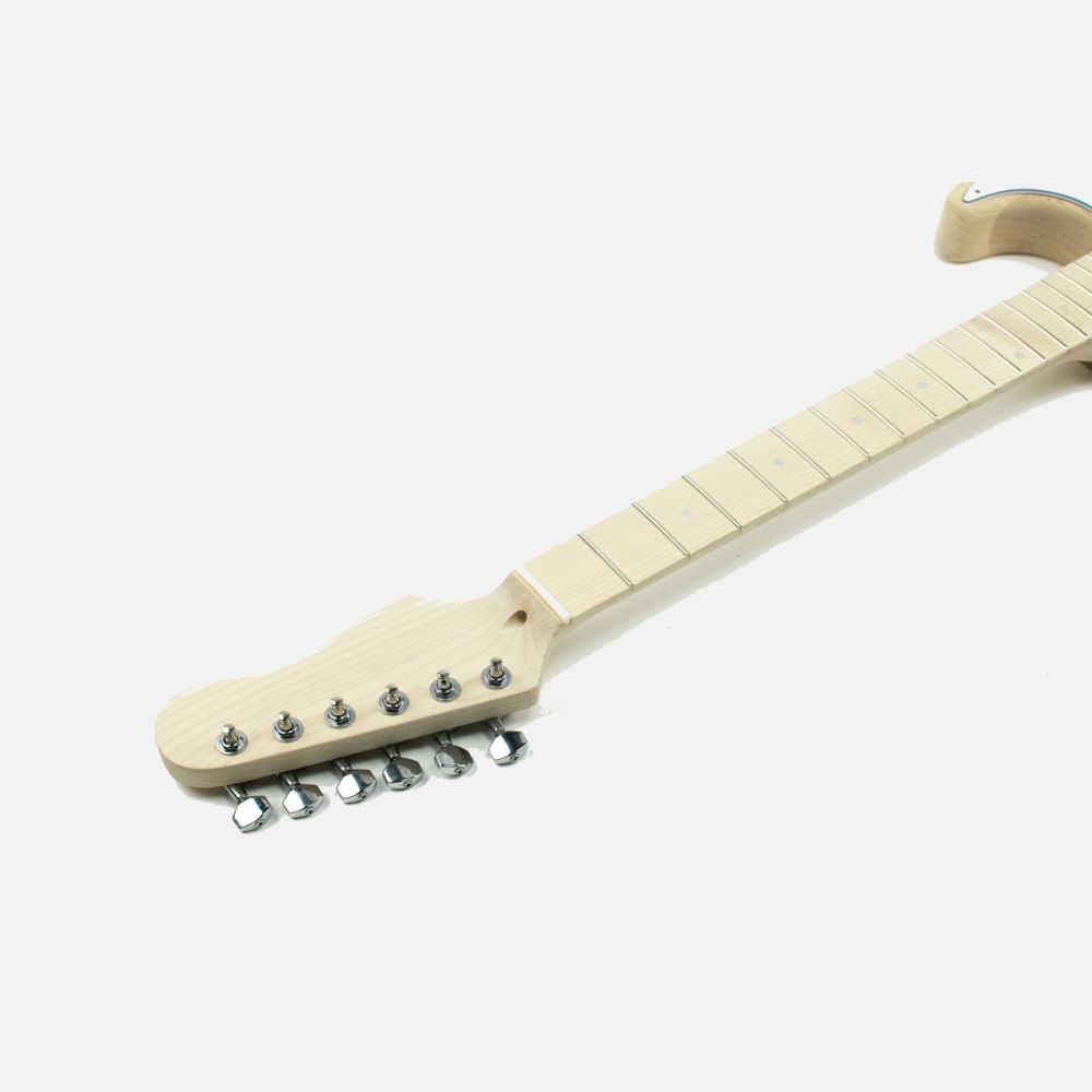 Assembled maple neck with frets and chrome tuning machines installed on headstock close-up.