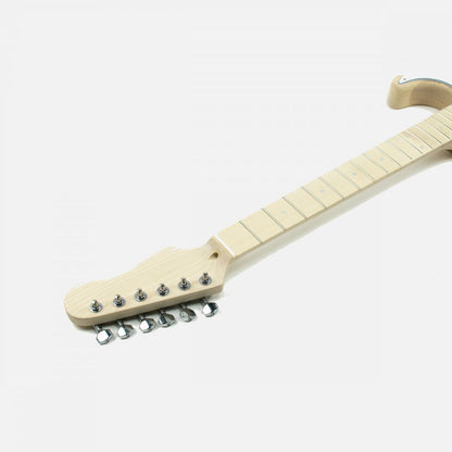 Assembled maple neck with frets and chrome tuning machines installed on headstock close-up.