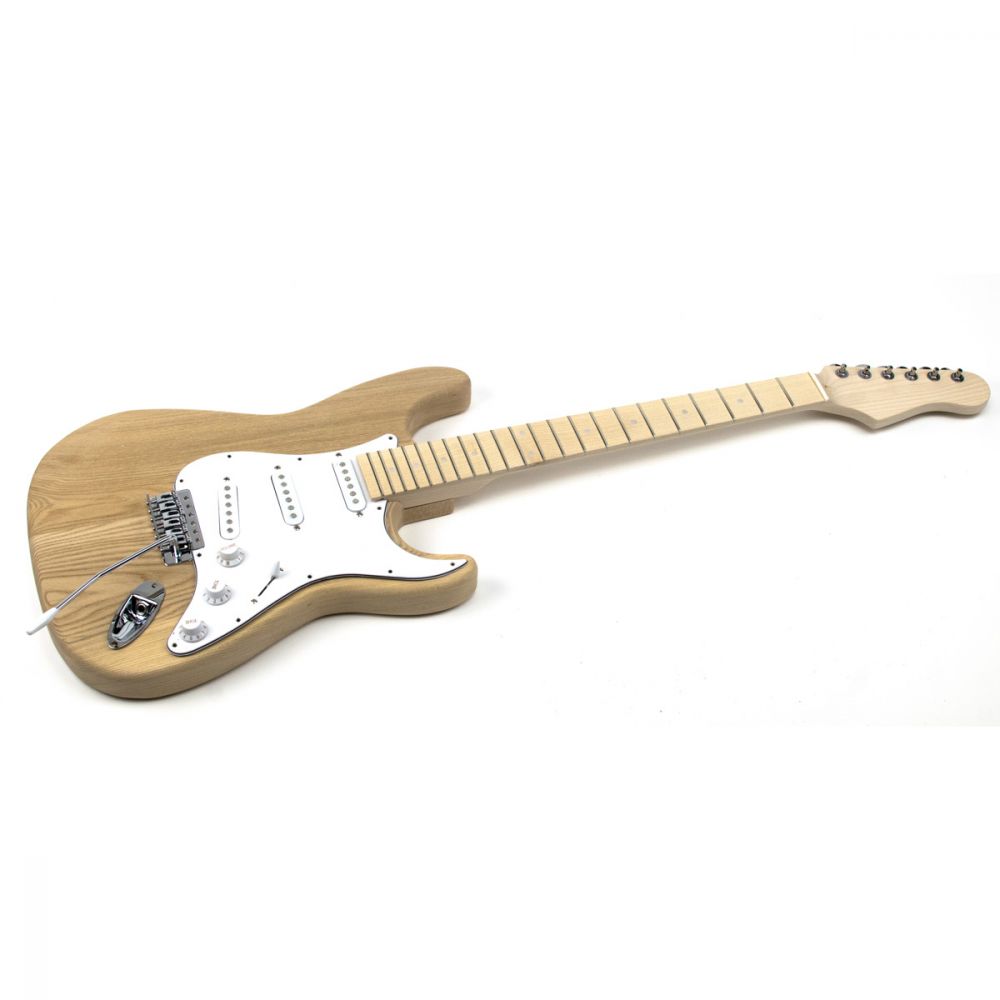 Three-quarter overhead view of finished ST Classic kit showing body contours and full guitar assembly.
