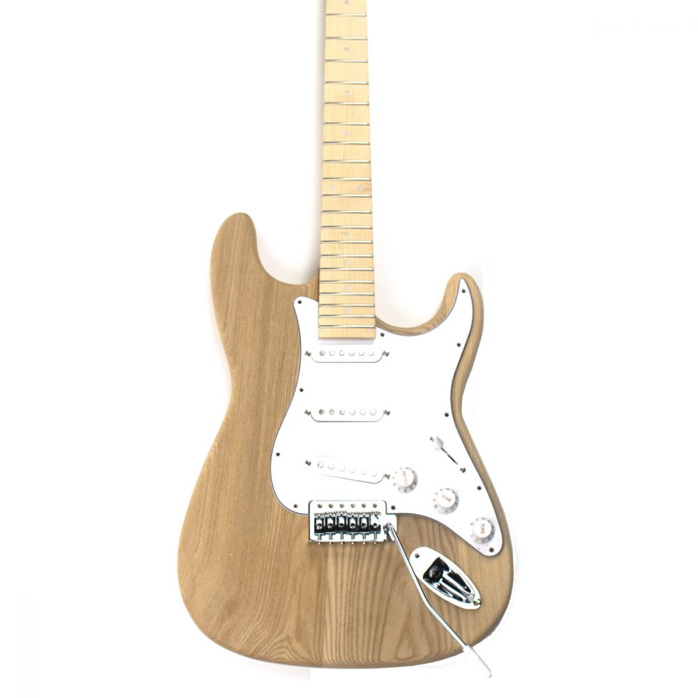 Front-facing view of completed ST Classic guitar with ash body, maple neck, and wired electronics.