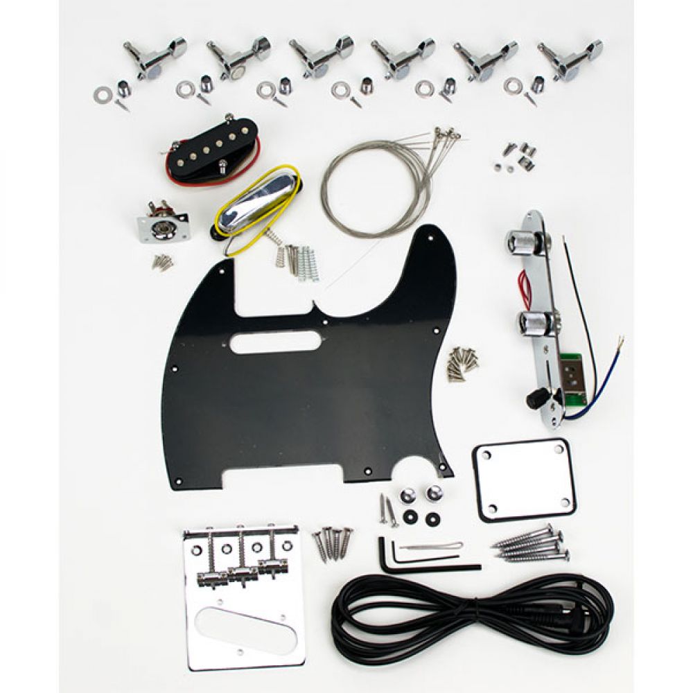 DIY Electric Guitar Kit TL Classic components laid flat with hardware, pickups, wiring, and unfinished body parts