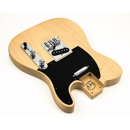 TL Classic guitar kit body and neck unfinished, three-quarter view showing maple neck and natural wood finish