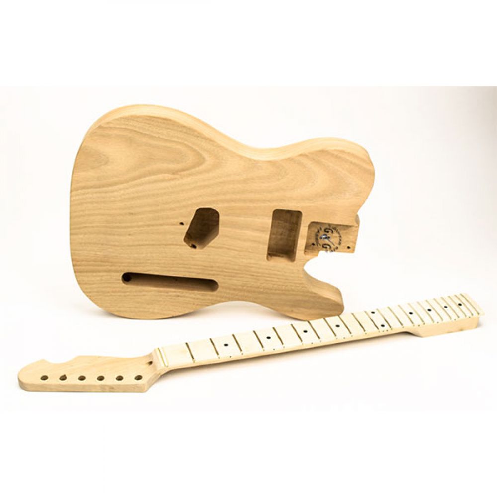 TL Classic body and maple neck together, angled view showing natural wood grain and construction readiness