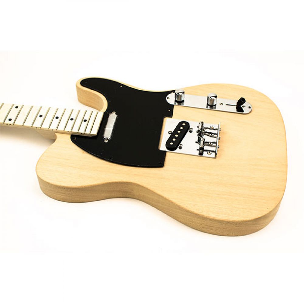 TL Classic assembled guitar front angle with maple neck, black pickguard, and bridge hardware installed