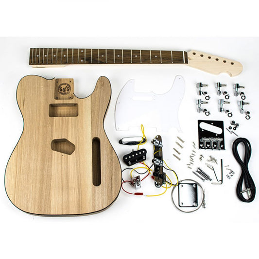 DIY Electric Guitar Kit contents laid flat with ash body, maple neck, hardware and electronics