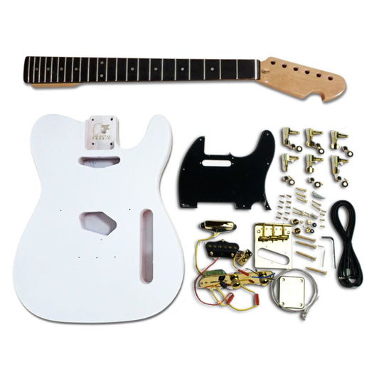 DIY Guitar Kit TL Vintage components laid flat showing primed body, neck, pickguard, gold hardware, wiring, and parts