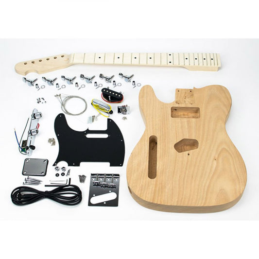 Left-Handed Guitar Kit TL disassembled flat lay showing mahogany body, neck, and all included components and hardware