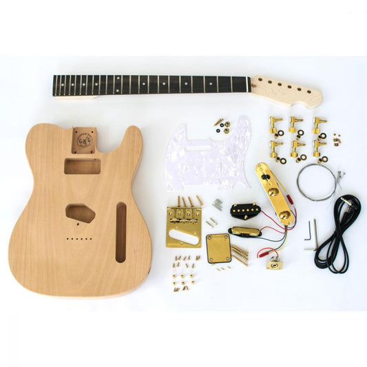 DIY Guitar Kit TL American Vintage flat-lay with all unassembled components including body, neck, and gold hardware