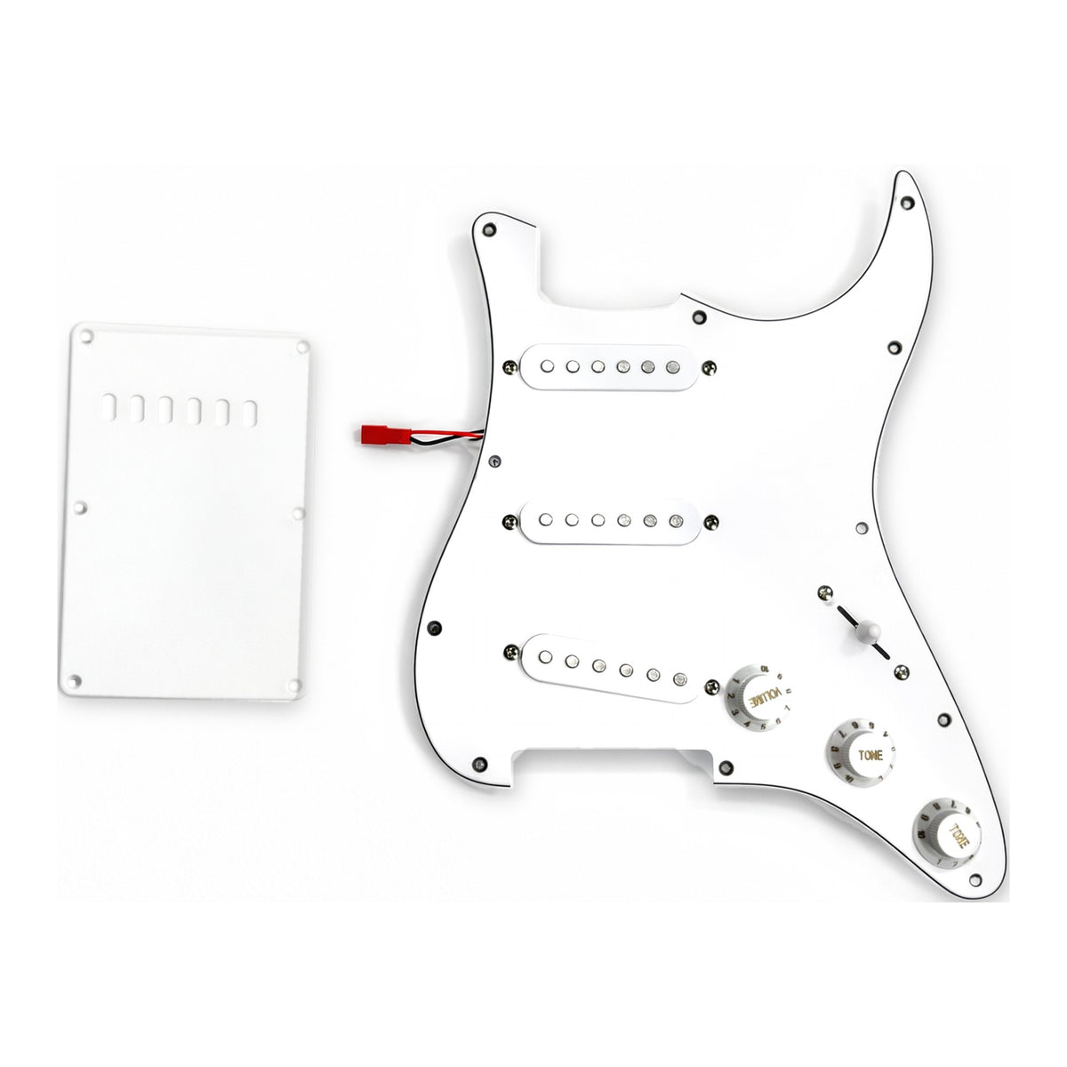 Pickguard type ST précâblé blanc uni avec un capot de trémolo blanc